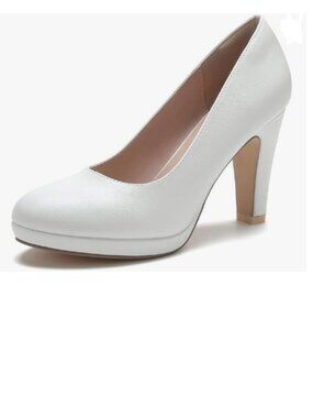 miss left White Low Platform Chunky High Heel Slip On Closed Round Toe Pump